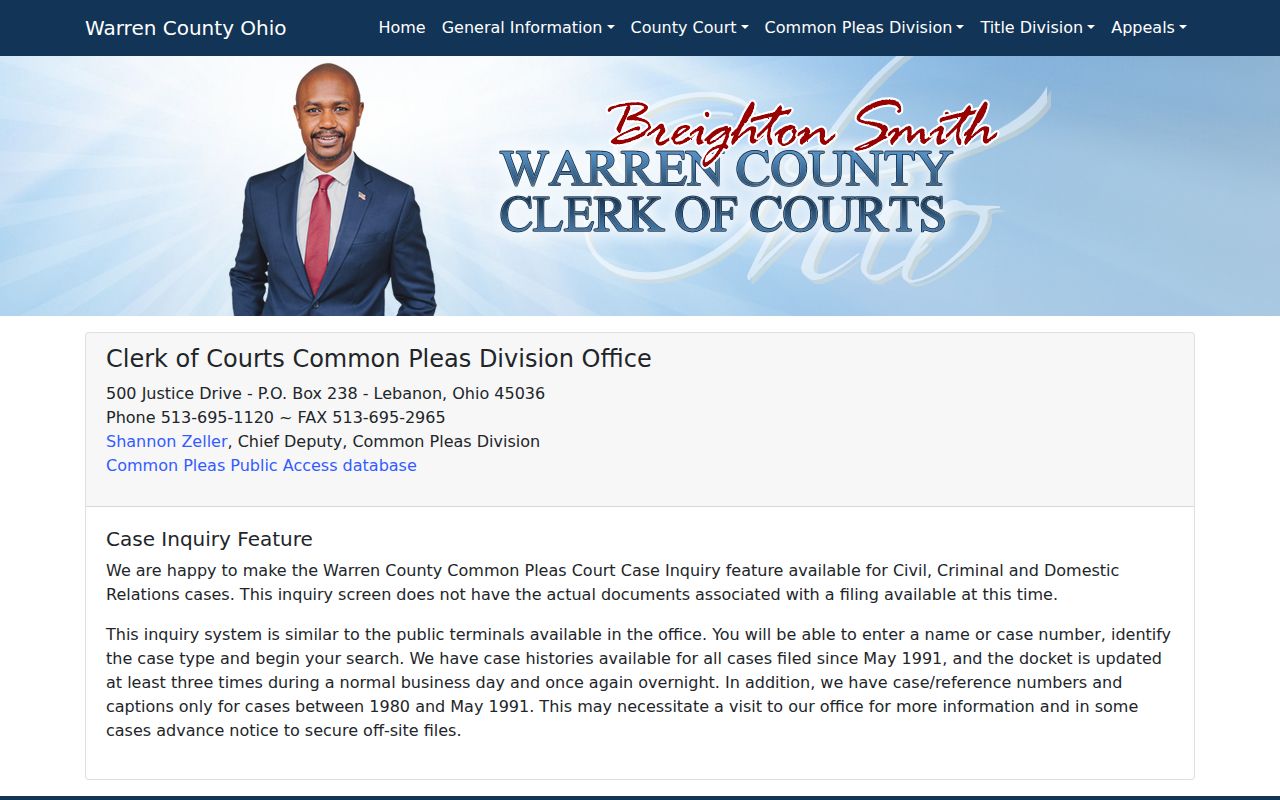 Deerfield Township residents directory Warren County Common Pleas case inquiry