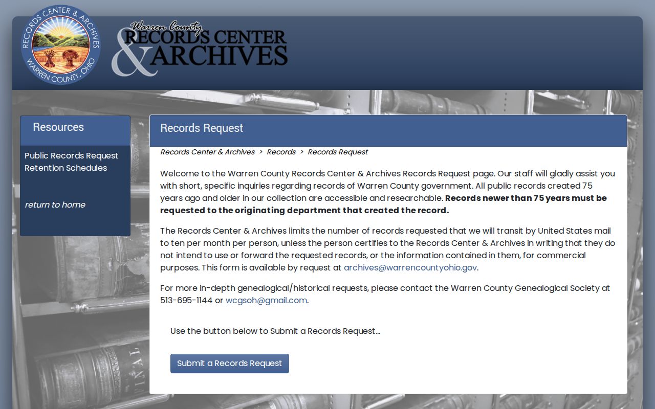 Records request form for Deerfield Township previous residents history