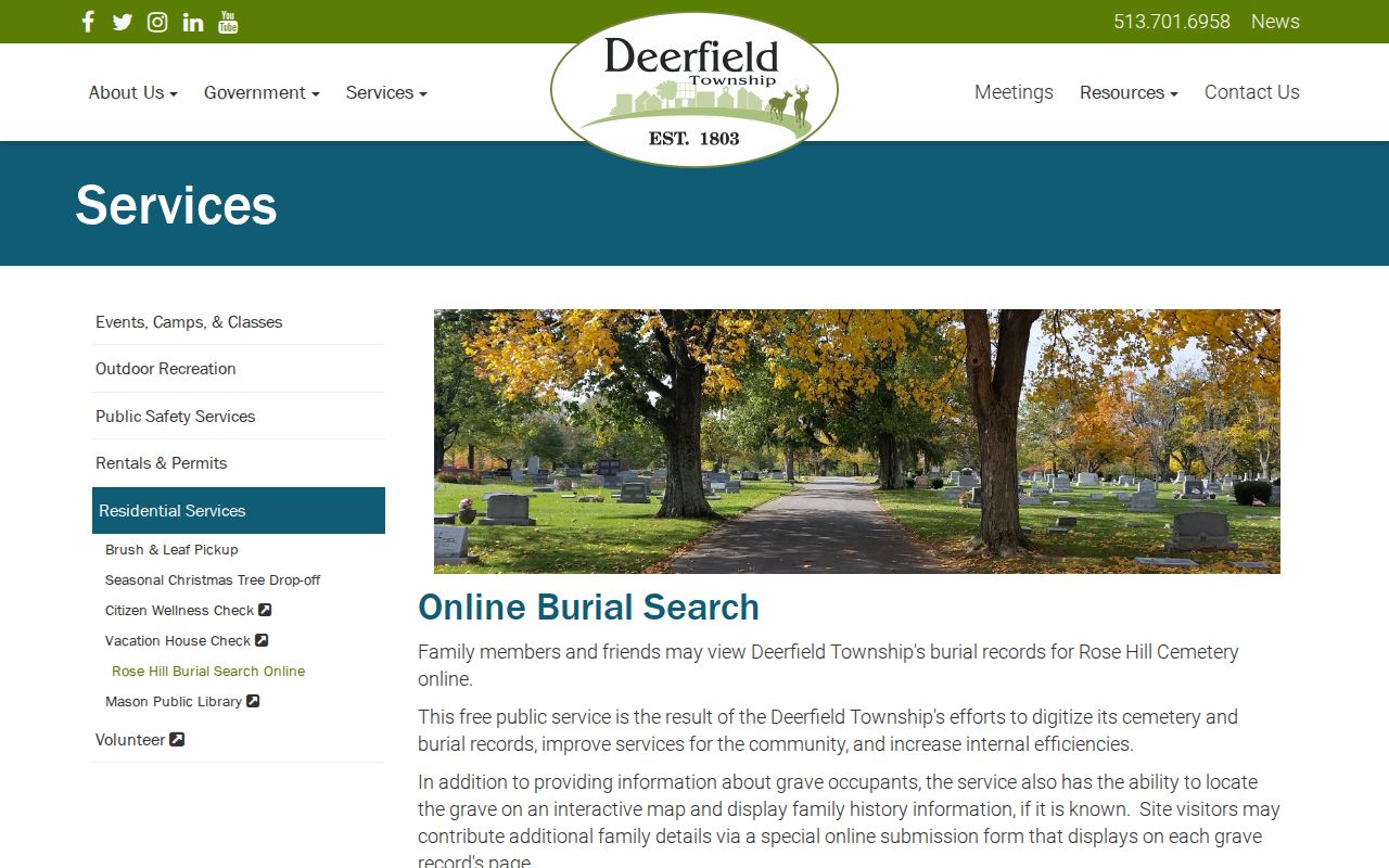 Rose Hill burial search for Deerfield Township previous residents history