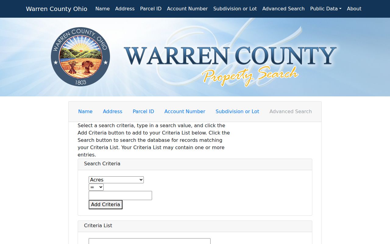 Deerfield Township street directory Auditor advanced search fields